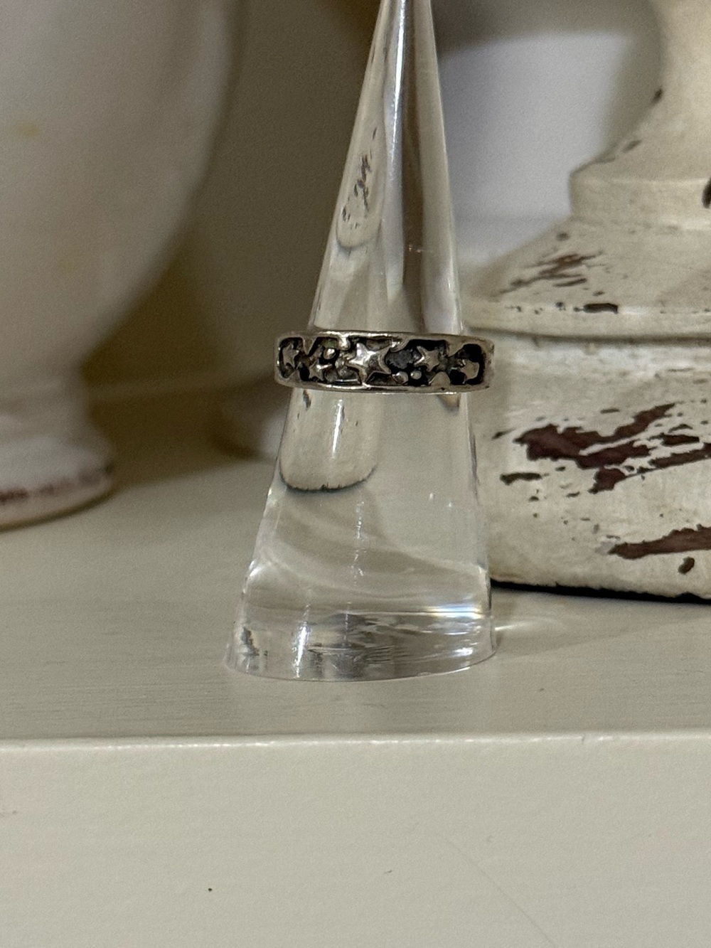 Etched Star Silver Tone Ring -Size 6
